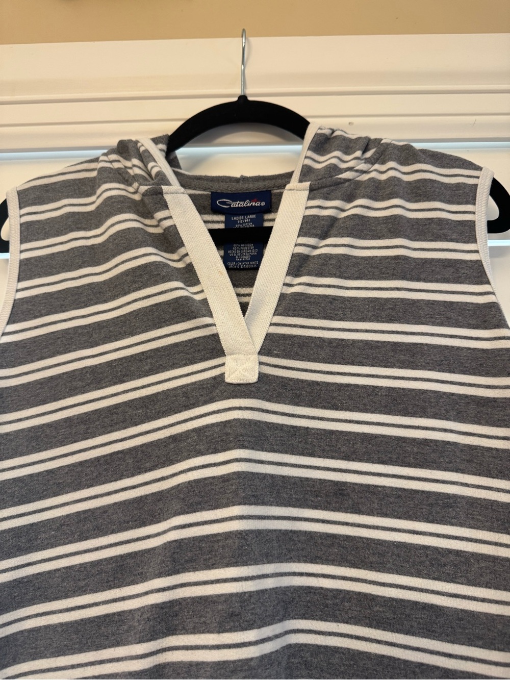 Catalina Gray & White Striped Sleeveless Hooded Terry Top | Size Large - Picture 3 of 5